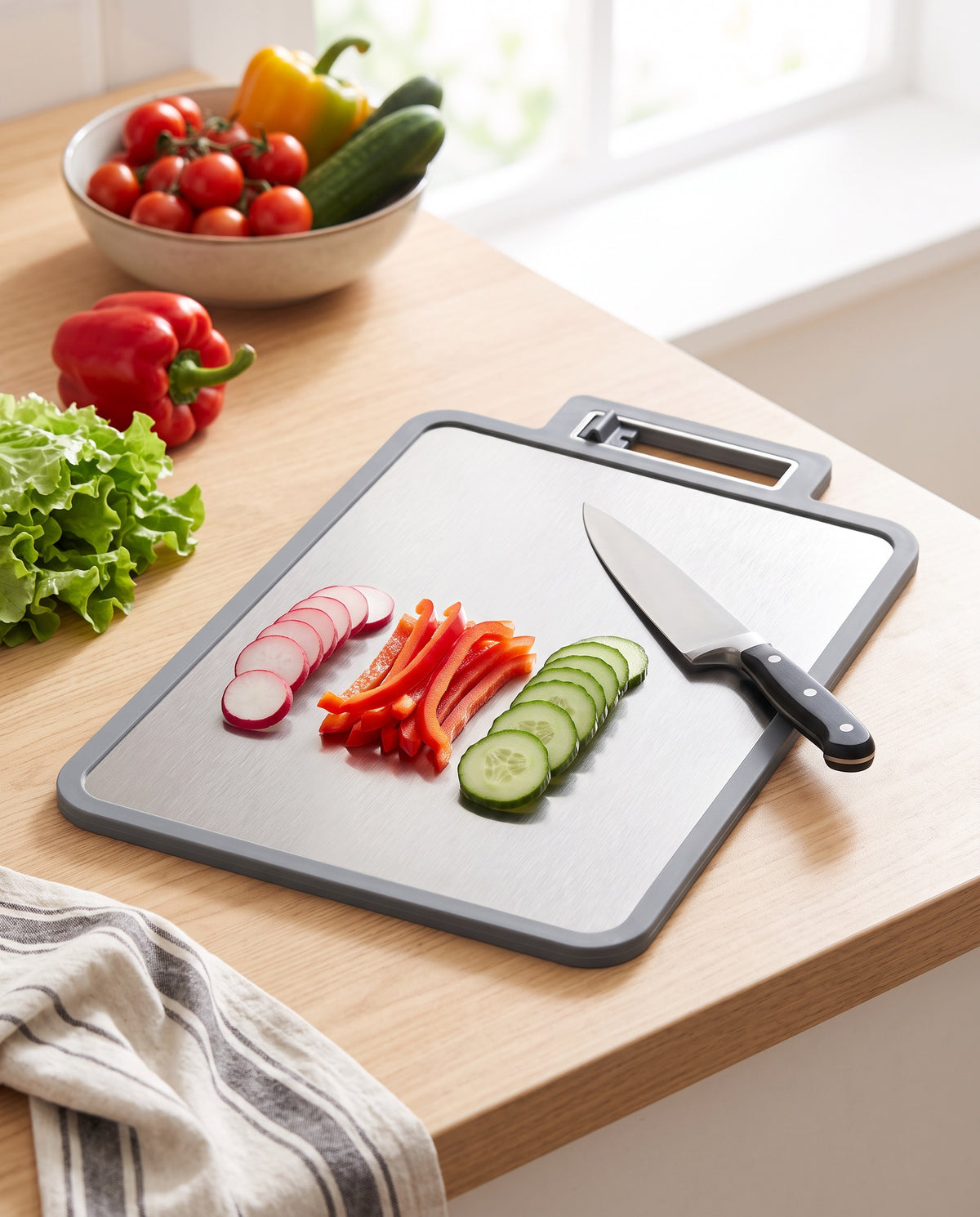 304 stainless steel double-sided cutting board with sliced vegetables and a chef's knife