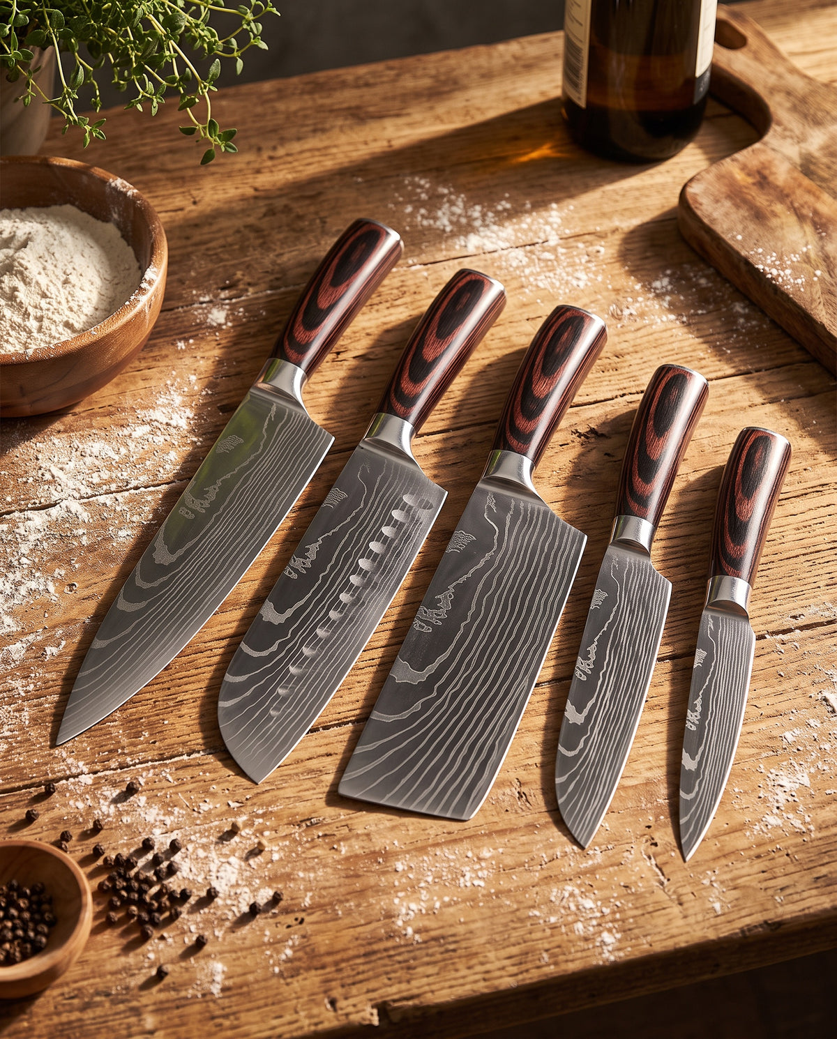 Damascus-Pattern Chef Knife Set — 7Cr17 steel blades with pakkawood handles on a wooden kitchen counter