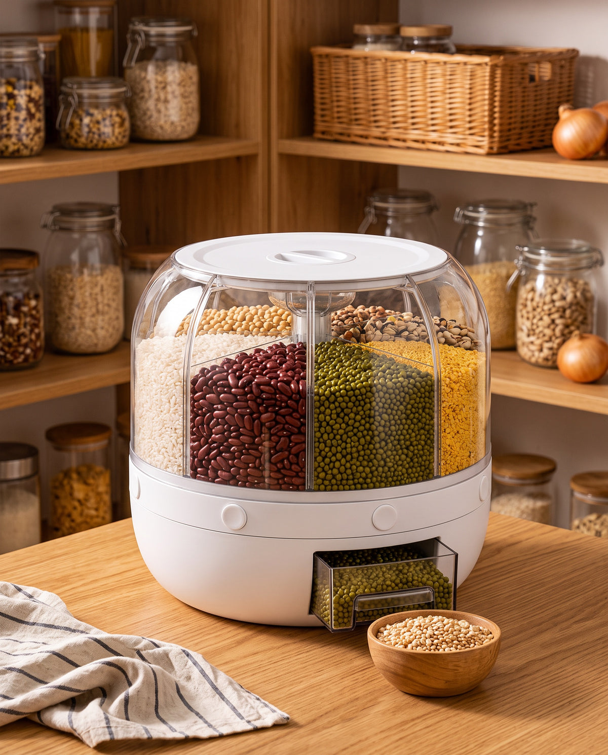 6-compartment rotating rice and grain dispenser with pull-out drawer on a pantry counter