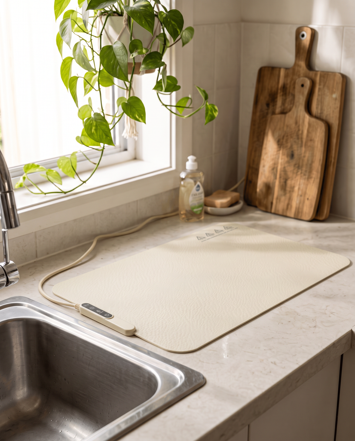 Electric silicone food warming mat lying flat on a kitchen counter next to a sink